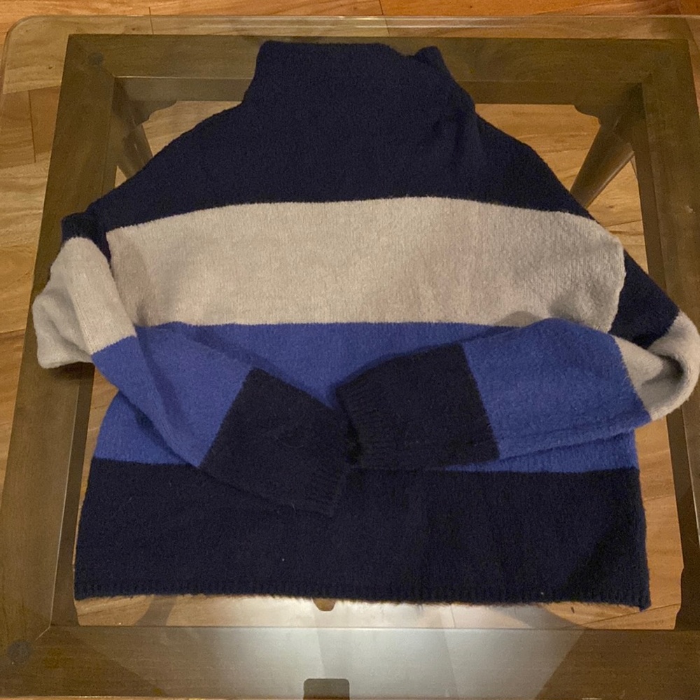 Cliche’ blue and gray turtle neck.